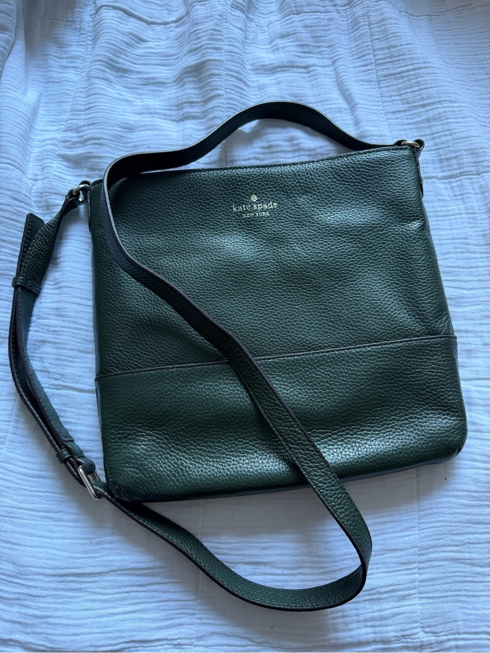 Kate Spade Dark Green Pebbled Leather Messenger Bag with Gold Logo